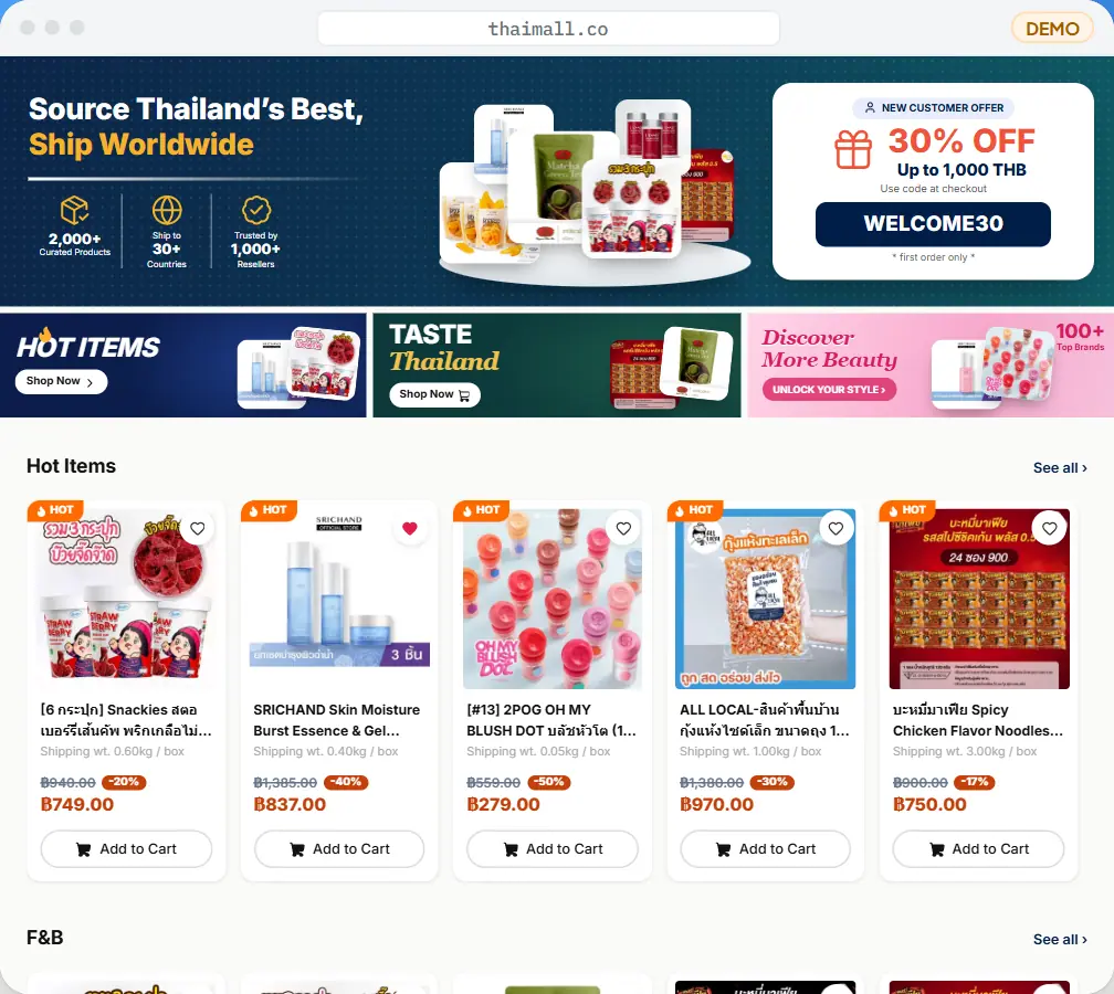 The storefront — Curated Thai products, with offers and categories, for buyers abroad.