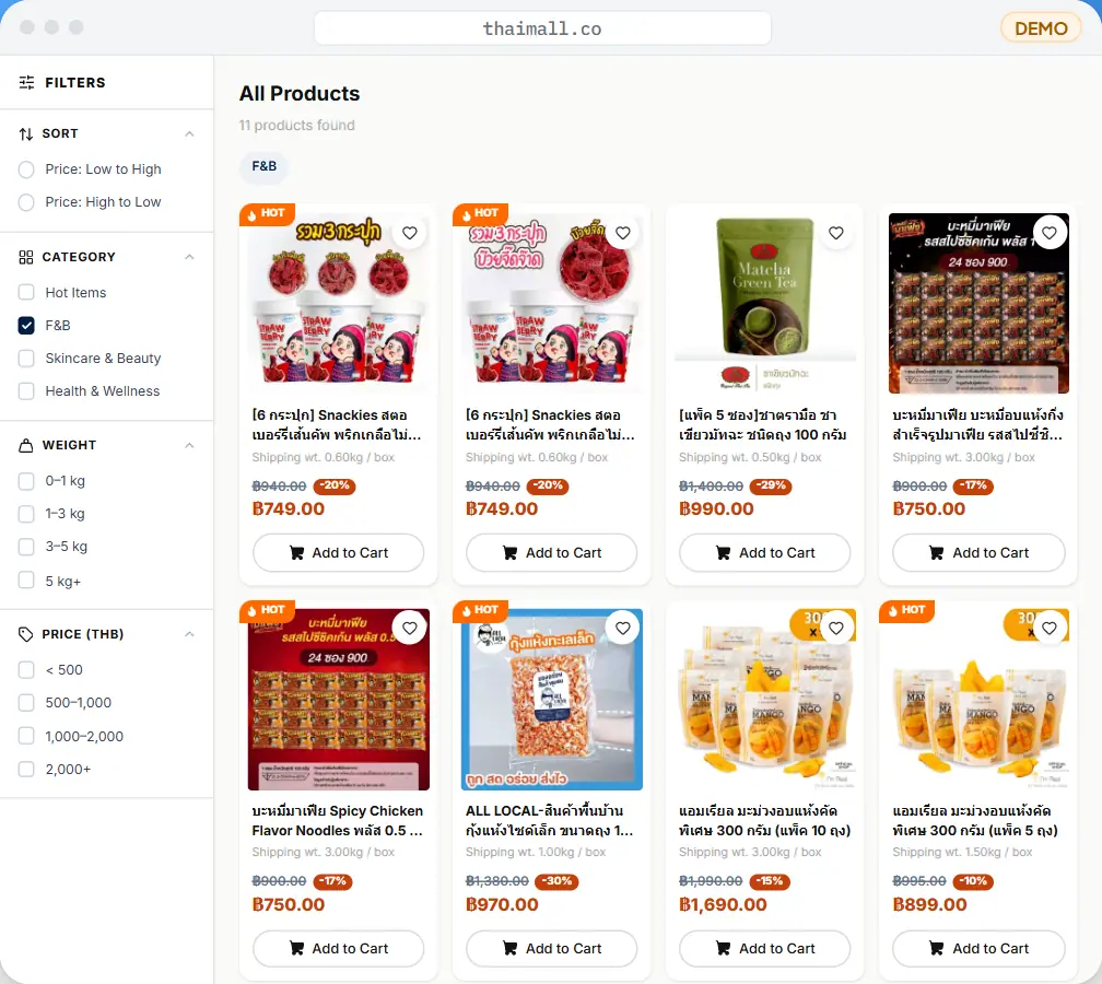 Browse and filter — Narrow down by category, weight and price.